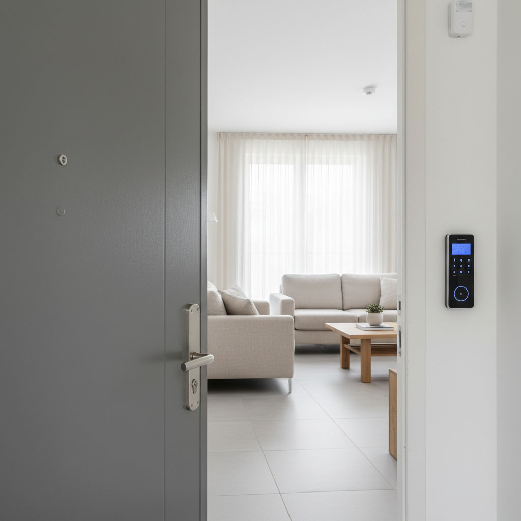 Système d’alarme pour appartement moderne avec clavier sécurisé à l’entrée