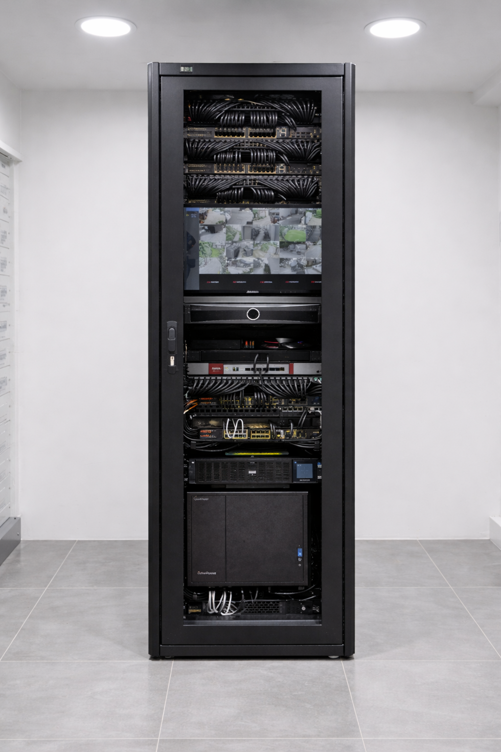 Baie informatique professionnelle avec câblage réseau structuré et switchs Ethernet installés dans un rack sécurisé