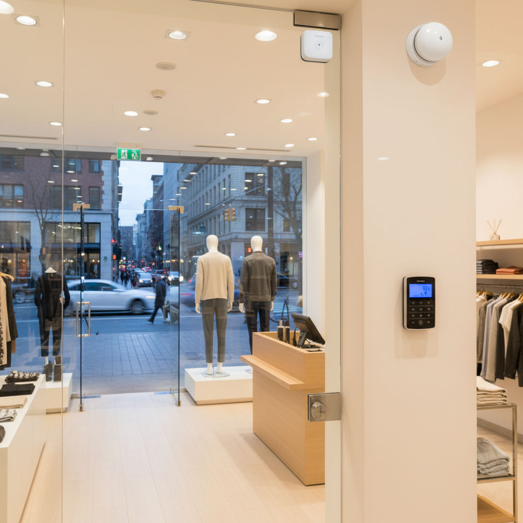 Système d’alarme pour commerce avec détecteur et clavier de sécurité