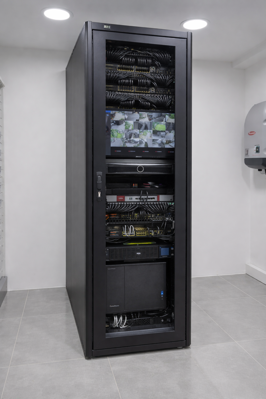 Onduleur professionnel CyberPower et équipements réseau installés en partie basse d’une baie informatique sécurisée