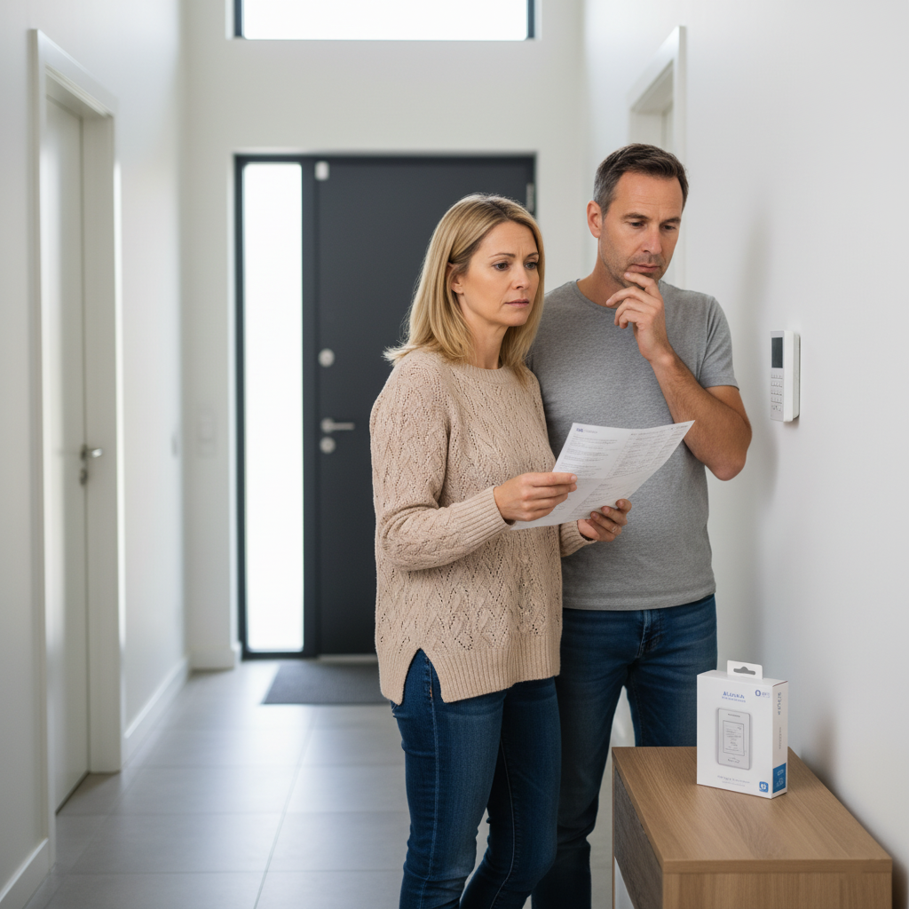 Propriétaire devant un clavier d’alarme maison, hésitant à s’équiper à cause de fausses idées sur les systèmes de sécurité