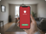 Smartphone affichant une notification « Alerte intrusion » d’un système d’alarme, tenu en main devant l’entrée d’une maison dans le Var.