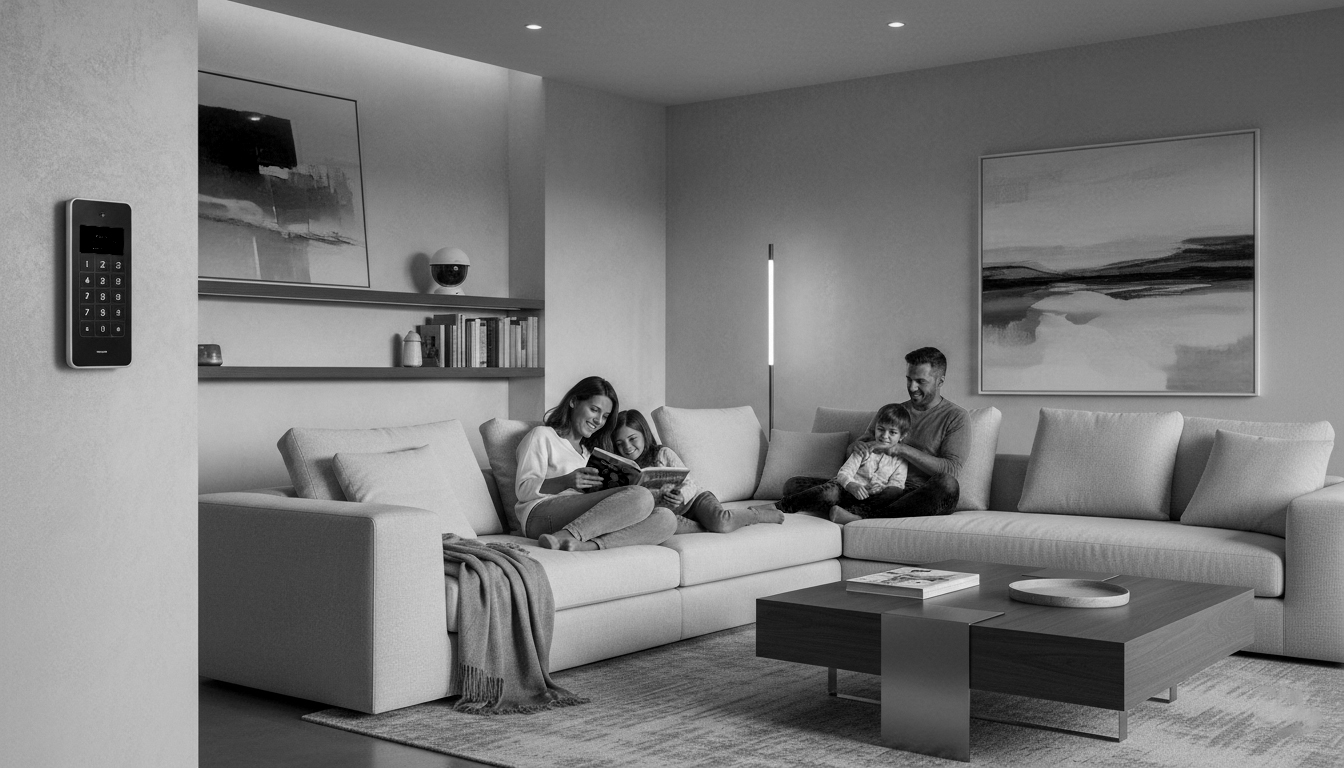 Famille détendue dans son salon, maison protégée par une alarme avec surveillance active – Var.