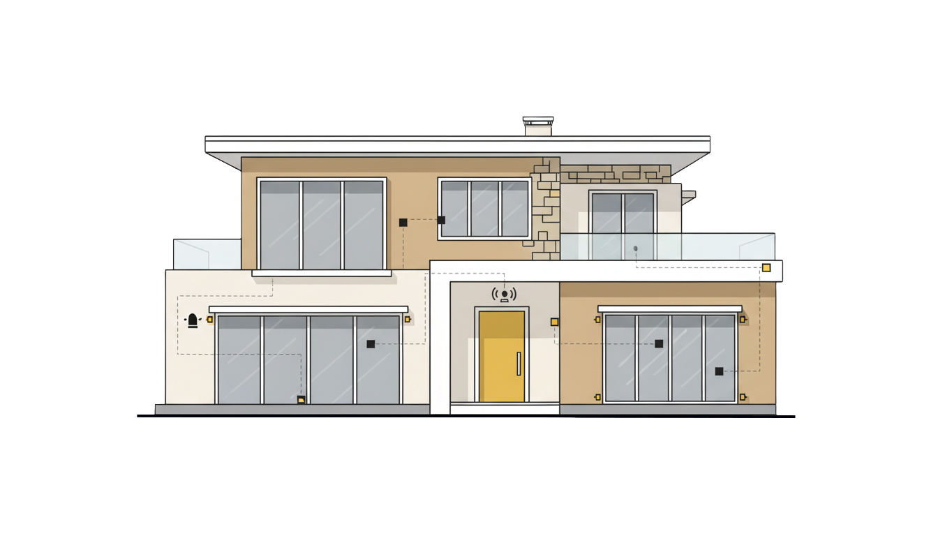 llustration représentant une maison sécurisée par un système d’alarme professionnel : détecteurs d’ouverture, capteurs de mouvement et sirène dissuasive. Cette solution permet de protéger efficacement une maison ou une résidence secondaire dans le Var, avec une sécurité pensée pour prévenir les intrusions dès les premiers signes.