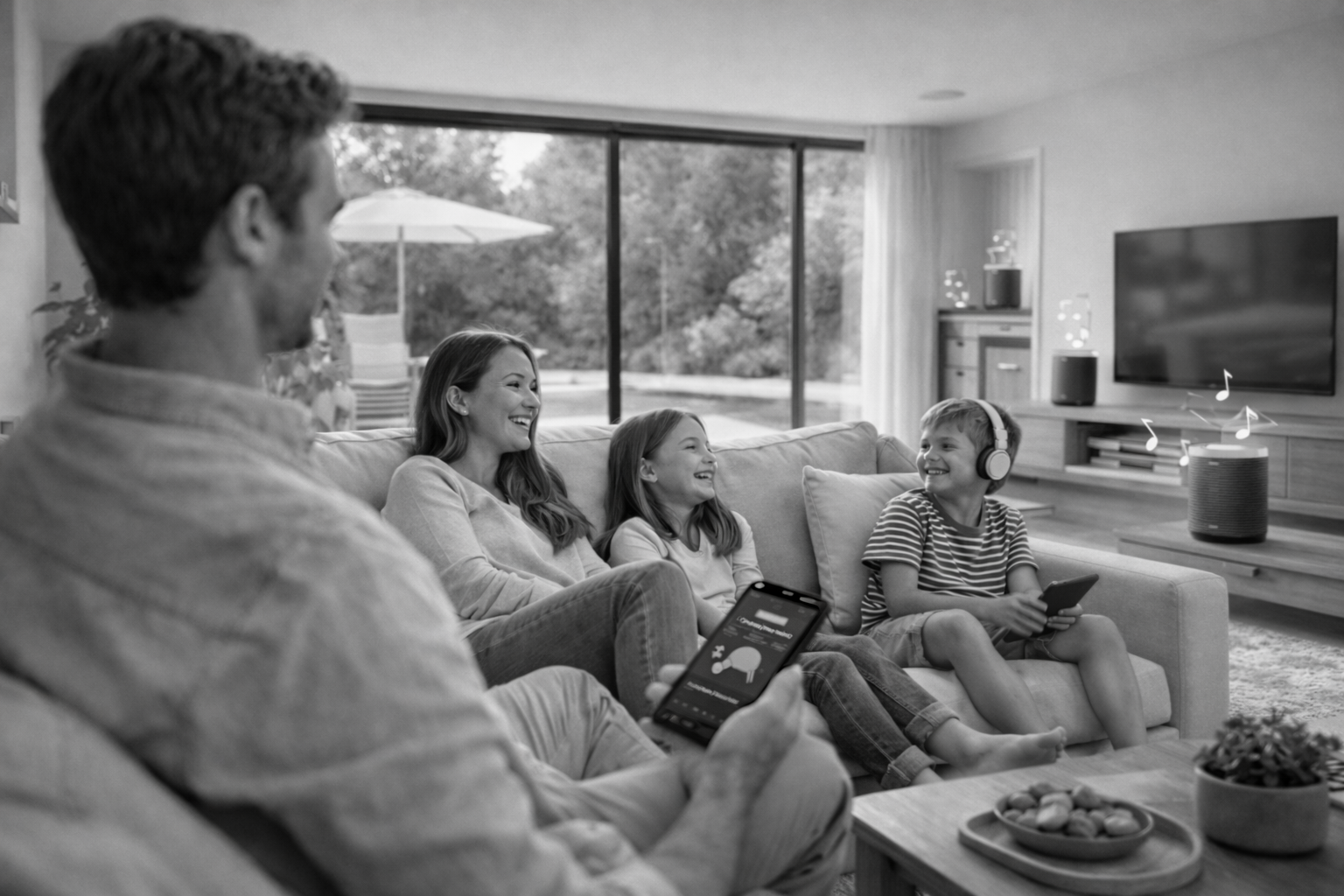 Famille dans un salon moderne écoutant de la musique via un système audio multiroom, contrôlé depuis un smartphone, photo noir et blanc