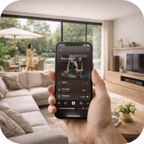 Salon ouvert sur terrasse avec pilotage audio multiroom depuis un iPhone.