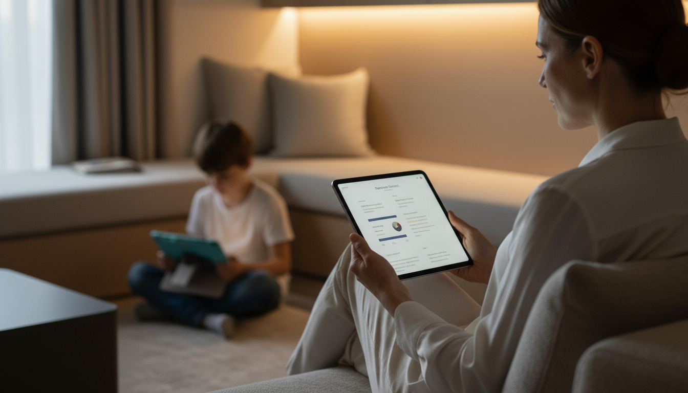 Contrôle parental numérique dans un intérieur familial moderne, protection des usages et du réseau pour les enfants