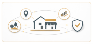 Illustration abstraite représentant une étude de sécurité personnalisée avec analyse des accès et des risques pour une habitation ou un commerce