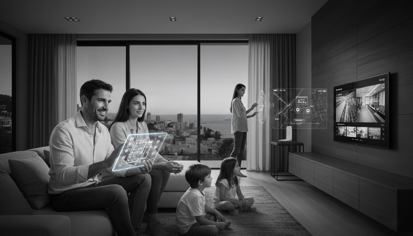 Famille dans un salon moderne utilisant un système de domotique pour contrôler l’éclairage et les équipements connectés