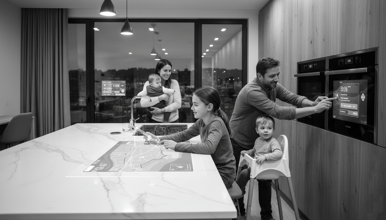 Famille dans un intérieur contemporain pilotant la domotique depuis une interface centralisée dans le salon