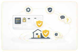 Illustration abstraite représentant la formation et la prise en main d’un système de sécurité avec interface de contrôle et flux de compréhension
