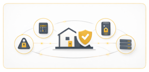 Illustration abstraite représentant une installation professionnelle de système de sécurité avec intégration et flux maîtrisés