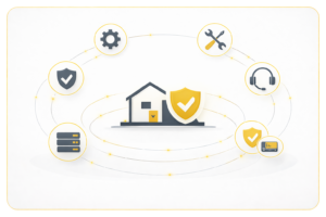 Illustration abstraite représentant la maintenance et l’assistance d’un système de sécurité avec supervision, support et fiabilité continue