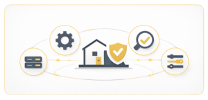 Illustration abstraite représentant le paramétrage et la configuration d’un système de sécurité avec réglages personnalisés et flux maîtrisés