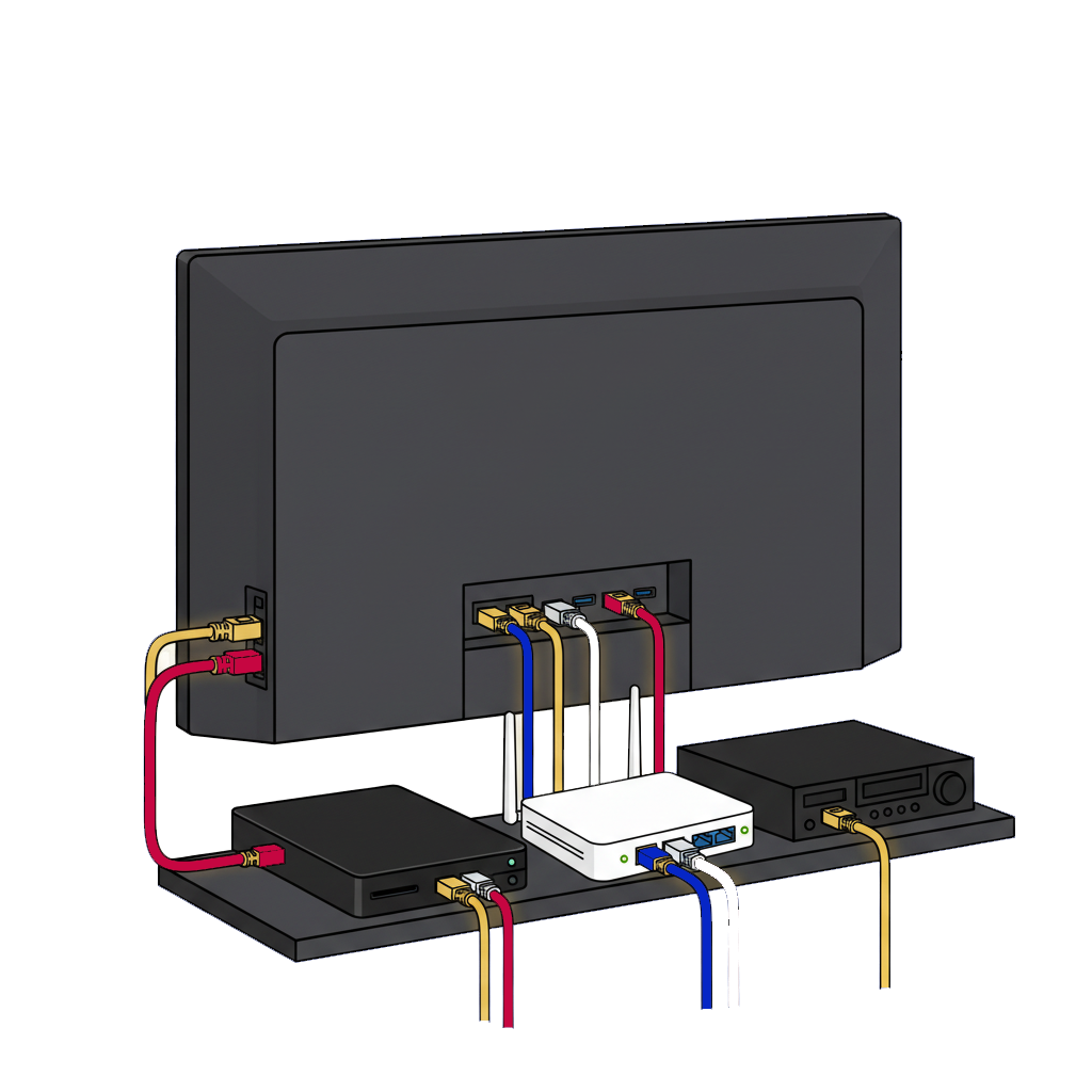TV multimédia connectée : installation propre avec câbles HDMI et réseau RJ45 pour un usage fluide et stable.