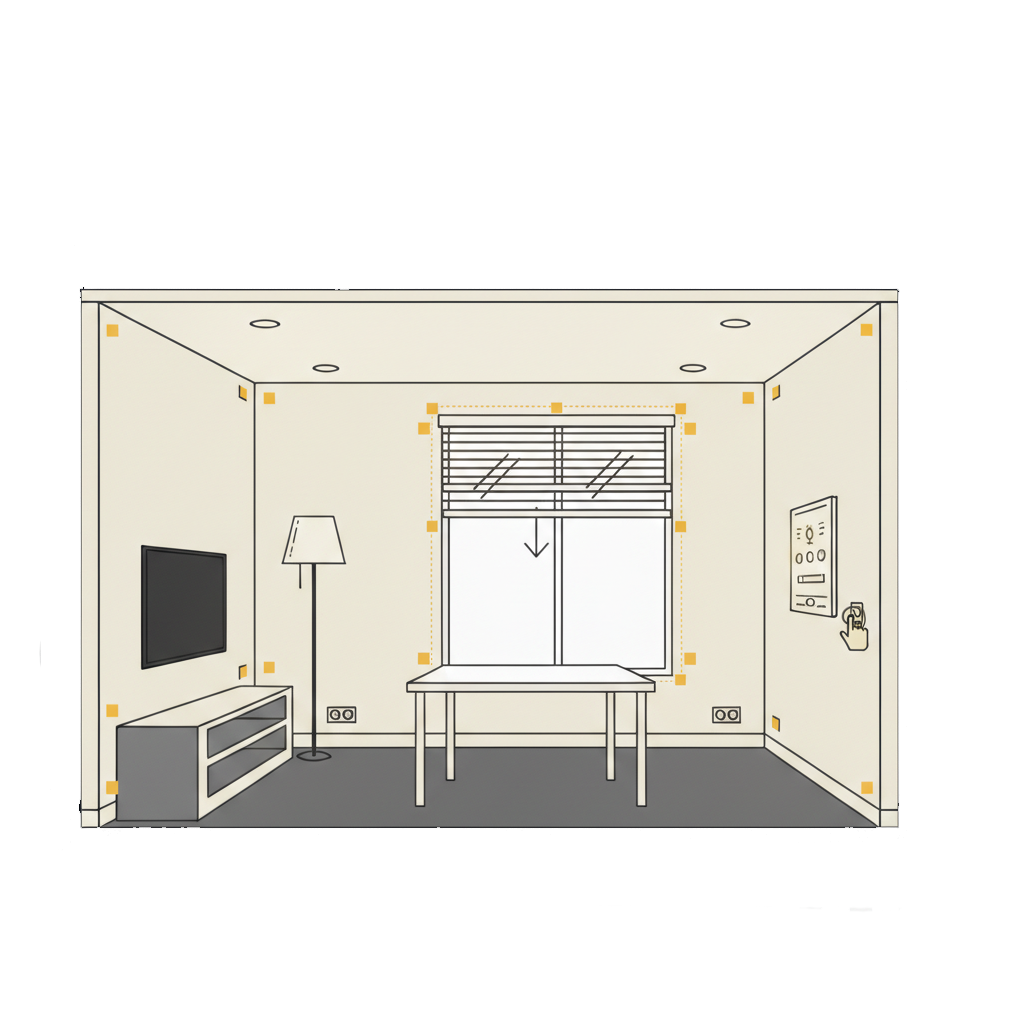 Volet roulant domotique en cours d’ouverture dans une pièce moderne grâce à un système de maison connectée