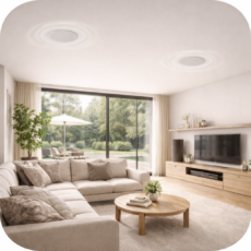 Salon moderne avec enceintes encastrées au plafond, installation audio discrète.