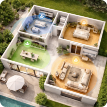 Plan 3D d’une maison avec audio multiroom par zones (salon, cuisine, chambre, suite) et zones colorées.