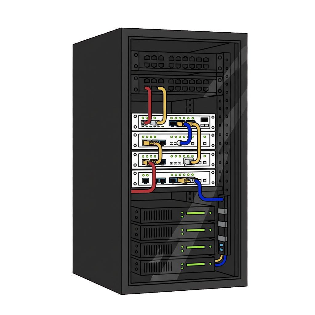 Baie de brassage réseau : panneaux de brassage RJ45 et switch pour organiser le câblage Ethernet de la maison.