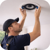 Installateur posant une enceinte encastrée au plafond lors d’une installation audio.