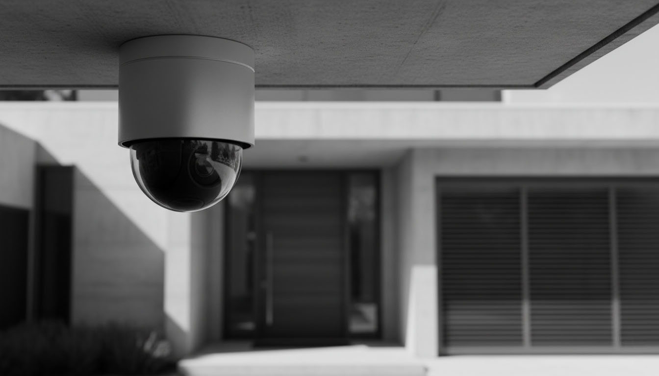 Caméra de vidéosurveillance dôme installée sous l’avant-toit d’une villa, en noir et blanc