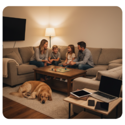 Famille partageant un moment sans écrans grâce à un contrôle parental équilibré