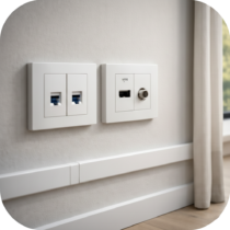 Double prise murale RJ45 et prise multimédia HDMI/TV dans un intérieur moderne, finition soignée