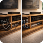 Avant/après gestion de câbles multimédia derrière un meuble TV : câbles visibles en désordre vs câbles ordonnés avec velcros et goulotte