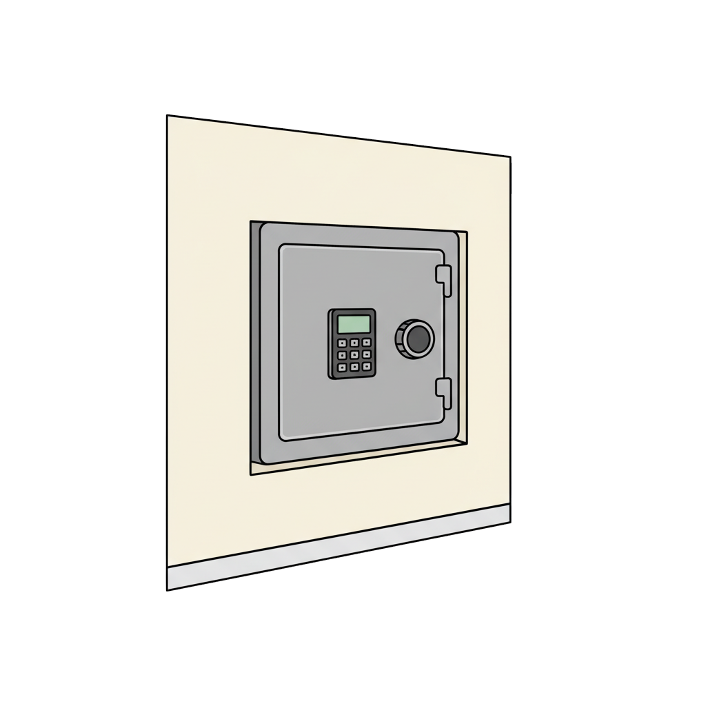 Coffre-fort encastré dans un mur, installation discrète et sécurisée pour protéger objets de valeur et documents.