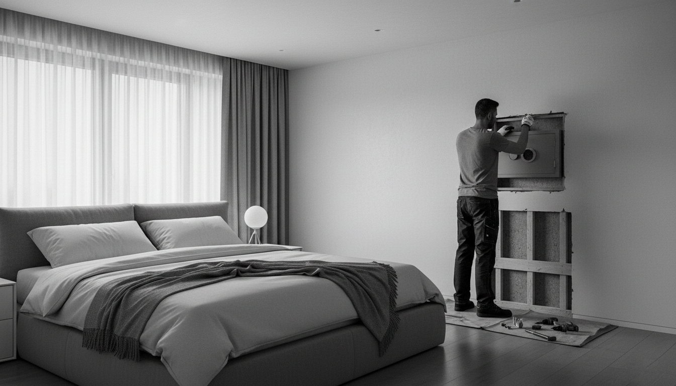 Installateur posant un coffre-fort encastré dans une chambre, fixation sécurisée et intégration discrète dans le mur.