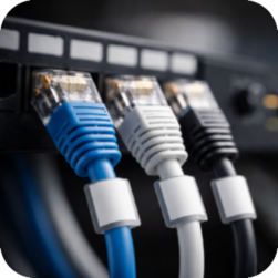 Photo macro réaliste en couleur, format carré, montrant des connecteurs RJ45 branchés sur un patch panel. Les câbles Ethernet haute qualité sont nettes au premier plan, avec étiquetage propre et finition soignée. La profondeur de champ est faible et l’arrière-plan reste flou, pour illustrer un câblage multimédia professionnel et organisé.