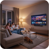 Famille regardant une télévision connectée avec contrôle parental activé