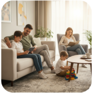 Famille utilisant une tablette à la maison avec un contrôle parental actif sur les écrans