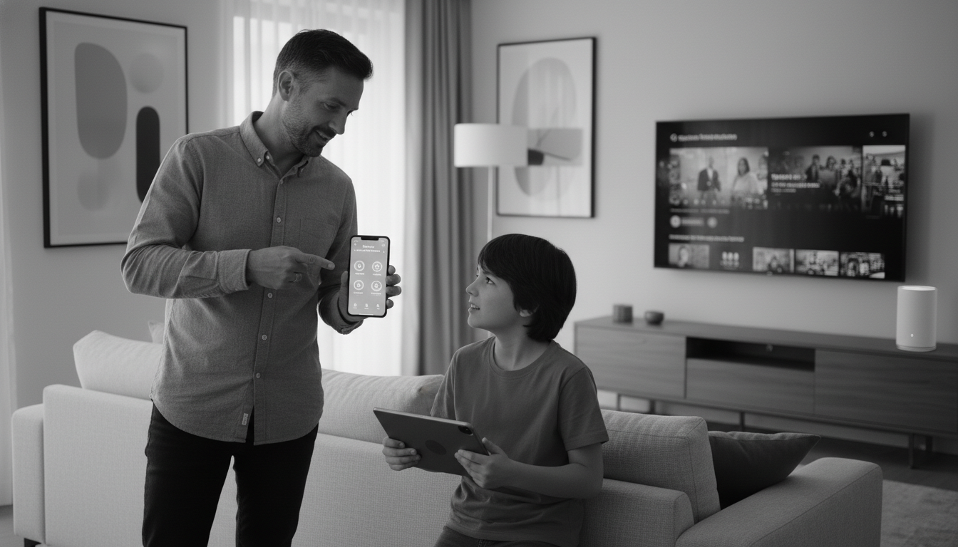 Famille configurant le Wi-Fi et le réseau invité à la maison à Port-grimaud