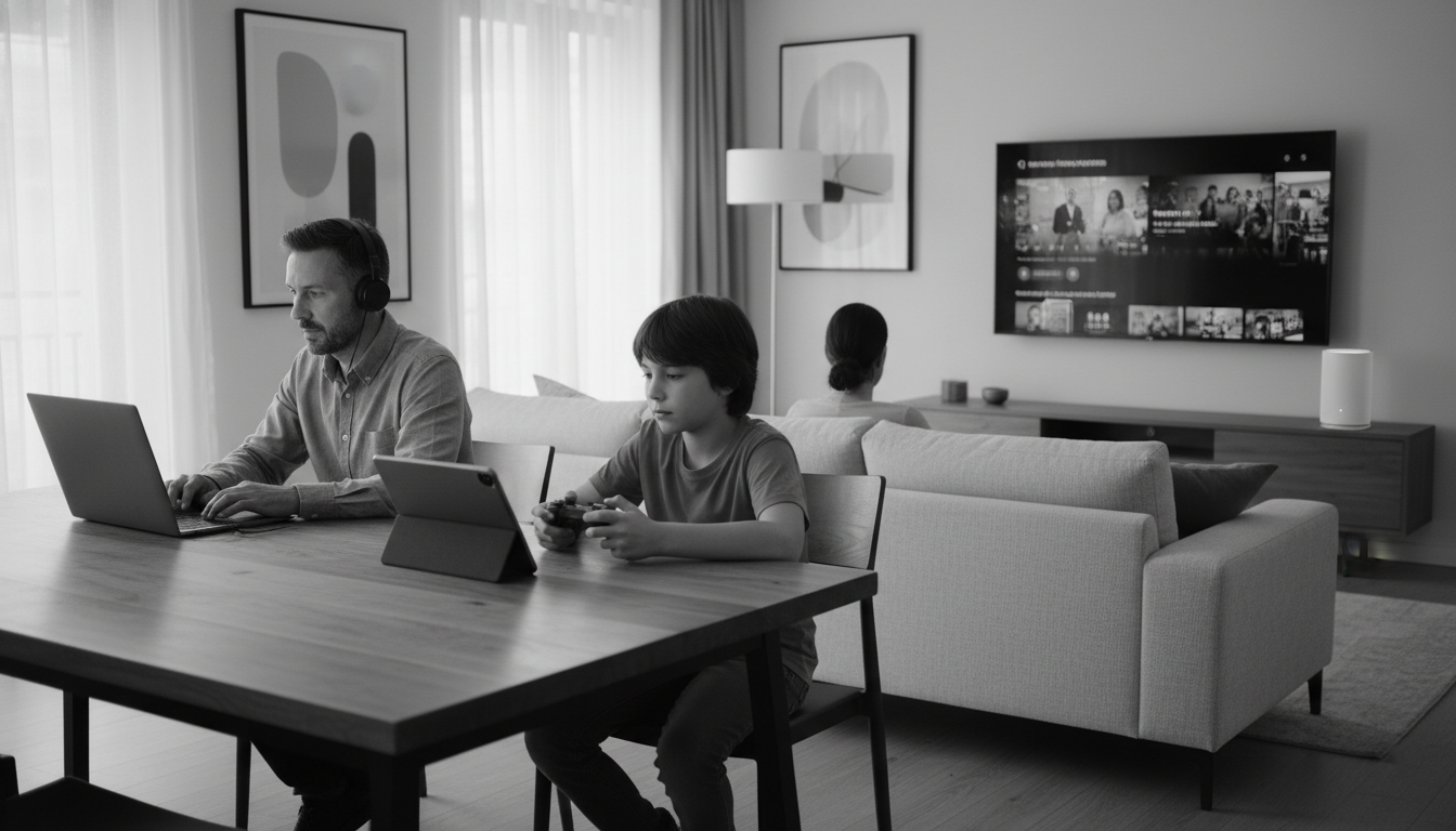 Famille utilisant un Wi-Fi performant à la maison pour télétravail et streaming à Cogolin