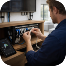 Technicien connectant un câble Ethernet à un patch panel RJ45, câbles ordonnés avec velcros, tablette de configuration à côté