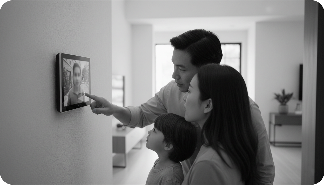 Famille utilisant un visiophone pour voir un visiteur avant d’ouvrir à Port-grimaud