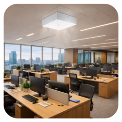 Open space moderne avec générateur de brouillard au plafond en action, solution de sécurité anti-intrusion pour bureaux professionnels